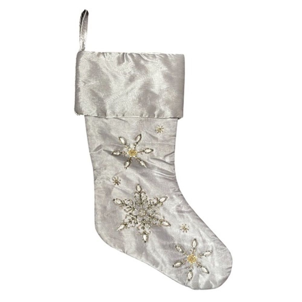 Sparkling Beaded Embroidered Silver Gold Snowflake Christmas Stocking NWOT
